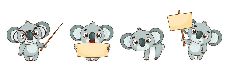 Set of cute koalas with posters, banners, templates, pointers. Set for design in cartoon style. Vector illustrations for designs, prints and patterns. © EnyaLis