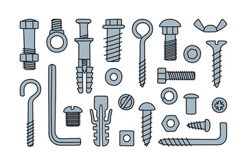 Hand drawn screw, bolts, fasteners. Bolts, screws, nuts, dowels and rivets in doodle style. Hand drawn building material. Vector illustration isolated on white background.