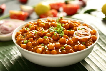 North Indian cuisine- Homemade delicious  organic chickpeas curry roast, chana masala. Punjabi dhaba style cooking.