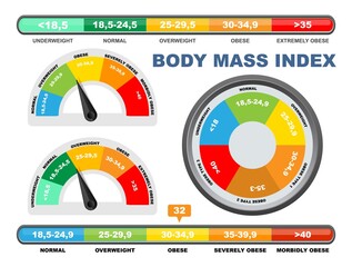 BMI chart, scale, vector illustration. Body mass index meter, weight control measurement tool. - obrazy, fototapety, plakaty