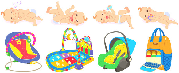 Multinational children, kids playing, baby care objects, newborn items supplies, set of icons. Toys, clothes, devices for transporting, bathing of babies. Babies in diapers crawling, smiling