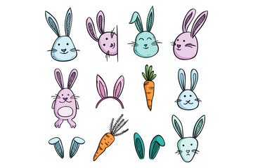 set of kawaii easter rabbit and elements with colorful doodle style