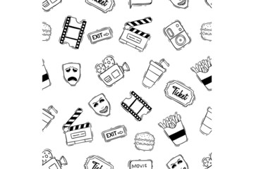 doodle cinema icons in seamless pattern