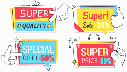 Big sale banner best price. Hot sale and discount. Special offer text and hand. New arrival, big sale and special offer. Black friday up to. Big discount with human hand pointing to advertising phrase