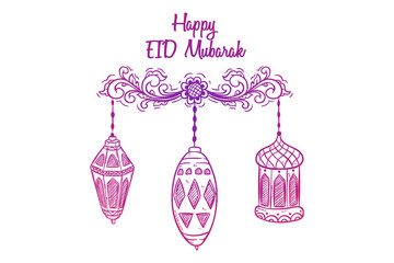 happy eid mubarak with ornament and lantern or arabic lamp