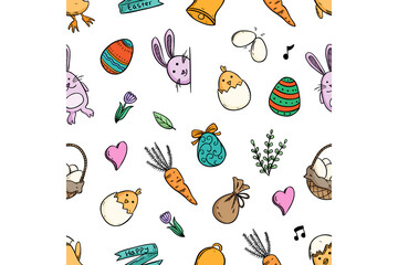 cute easter doodle icons in seamless pattern