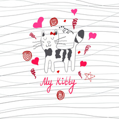 Cartoon cat. happy womens day. Postcard for the holiday of March 8, Valentine's Day, romantic recognition. Background from small hearts.