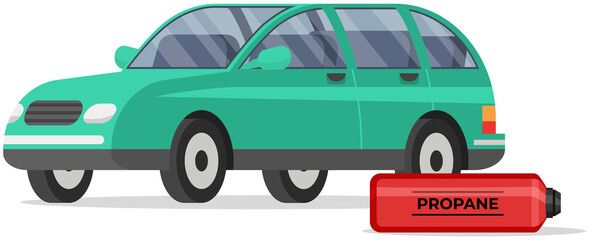 Naklejka premium Cylinder, canister with fuel, gas storage. Container with flammable substance near car. Metal tank with liquefied compressed petroleum, propane. Pressurized gas cylinder next to passenger automobile