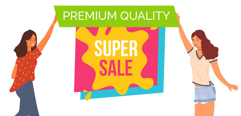 Super sale and premium quality. Promotional banner with young women standing near inscription. Advertisement of discount poster template. Ladies advertising sale, goods in online store banner