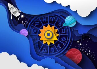 Zodiac wheel with horoscope signs, Sun, planets, starry sky, vector paper cut illustration. Milky Way galaxy. Astrology.