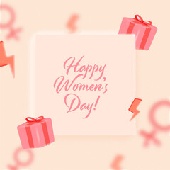 Pink Happy Women's Day Font With Realistic Gift Boxes, Lighting Bolts And Blurred Female Gender Sign On Peach Background.