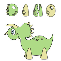 Vector isolated illustration with little cartoon dinosaur and lettering “Dino” in green colors. Cute children’s character for print, card, sticker. 