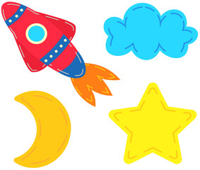 Set of cool space stickers for baby vector illustration. Celestial objects, toys for children in space style. Toy rocket, star, cloud and moon. Toys, celestial icons for playing with toddler, baby