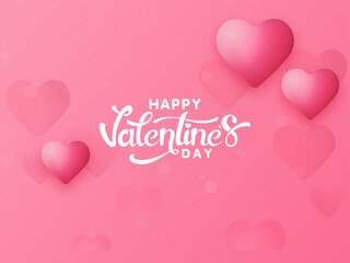 Obraz na płótnie Canvas Happy Valentine's Day Font With Glossy Hearts Decorated On Pink Background.