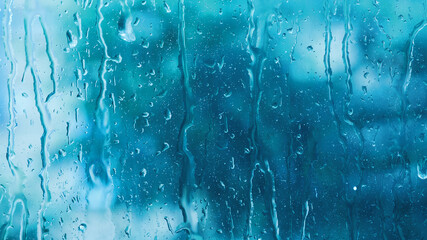 Fototapeta Rain drops close up on window glass outdoors. Texture of water in heavy rain. Gloomy autumn morning. Macro. obraz
