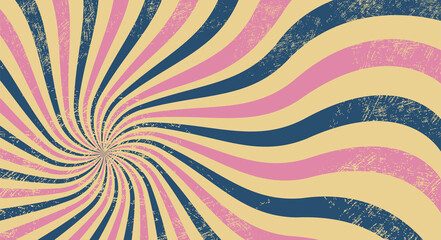 Grunge background with wavy rays in trendy colors with texture. Retro groovy illustration