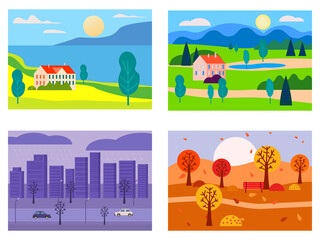 Fototapeta premium Set of seasons landscapes winter, spring, summer, autumn. Rural, mountaines, field, city, sea, snow, hot, rain, night. Vector minimalistic flat illustration
