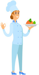 Woman holds plate with ready-made meal. Restaurant service, breakfast or dinner dish vector illustration. Design for restaurant menu. Female kitchener serves dish from chef, healthy food at cafe