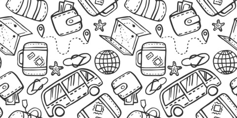 seamless pattern of illustration with doodles on theme of time for travel. Colorful background on the theme of adventure and travel, wandering