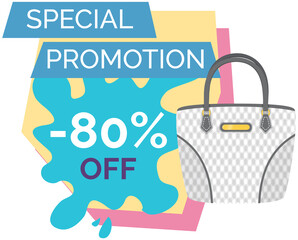 Sale poster with womens bag. Discount, special offers promotion, shopping advertisement. Hand drawn style vector design illustration shop now concept, black friday marketing advertising template