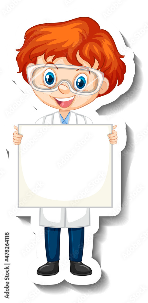 Poster scientist boy holding empty board in sticker style