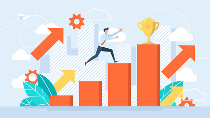 The concept of victory, competition. Business success strategy. The young man reaches the goal. Businessman benefits from business. Reward for work. Golden cup. First place. Flat illustration.