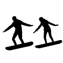 Snowboarding. Silhouette of a man and a woman. Winter sports. A snowboarder rides down the mountain. Athlete with a snowboard. Travel concept of extreme, active winter sport. Flat illustration