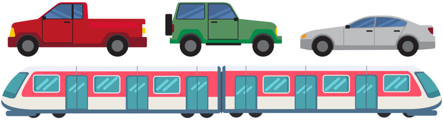 Fototapeta Various types of freight, passenger and public transport. Set of automobiles for different purposes. Sports and passenger car, wagon, train. Ground and underground vehicles vector illustration obraz