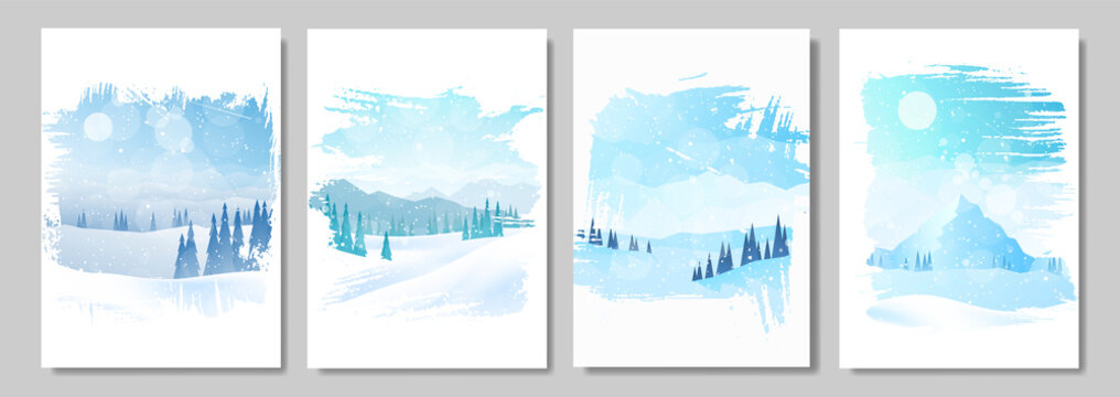 Winter Landscapes Set. Flat illustration. Mountain landscape. Travel concept of discovering. Hiking tourism. Adventure. Minimalist graphic posters. Polygonal flat design for coupons, vouchers, cards