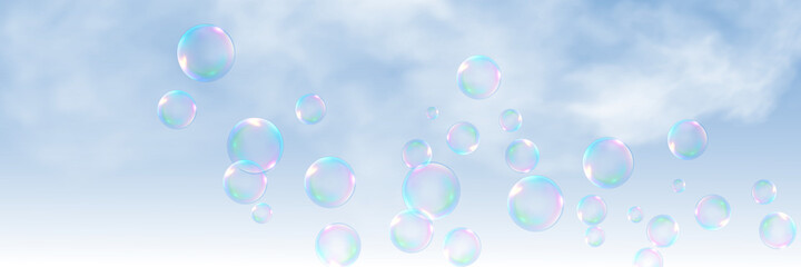 Set of realistic colorful soap bubbles. Transparent realistic soap bubbles isolated on transparent background.