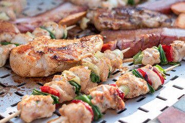 Chicken breast and pork meat pulled in wooden skewer with fresh colorful and tasty vegetables