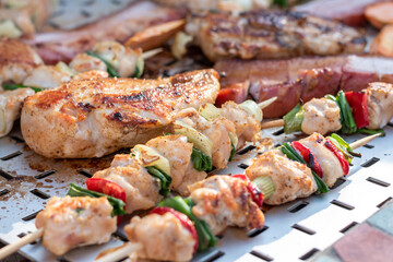 Chicken breast and pork meat pulled in wooden skewer with fresh colorful and tasty vegetables