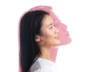 Multiple exposure portrait of asian woman with positive smile and serious sad facial expression. Mental health, depression contemplation and emotions overstressed bipolar - obrazy, fototapety, plakaty
