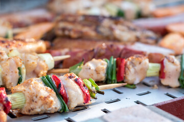Chicken breast and pork meat pulled in wooden skewer with fresh colorful and tasty vegetables