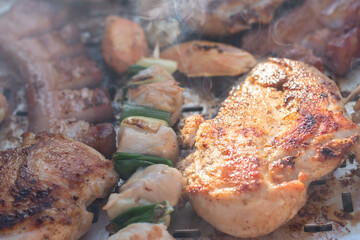 Chicken breast and pork meat pulled in wooden skewer with fresh colorful and tasty vegetables
