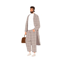 Modern Arab man in casual outfit. Eastern Muslim person wearing fashion apparel. Stylish oriental businessman in trendy suit and sneakers. Flat vector illustration isolated on white background
