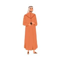 Muslim Arab man in thobe and headwear. Saudi Arabian person in traditional apparel, tunic and kufiya. Eastern male with smartphone in hands. Flat vector illustration isolated on white background