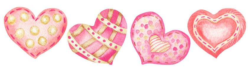 Symbols of Valentine's Day: hearts, valentines, gifts, garland, love. Set of stickers for scrapbooking. Hand drawn watercolor illustration on a white background