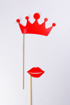 Red crown lips shape paper die cut selfie portrait party fun paper prop sticker stick on white background