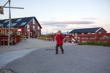 Cute little child, enjoying the view in small A village on the end of Lofoten, Norway