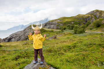 Child, enjoying a picturesque view from the edge of a cliff in Lofoten, Norway. Amazing beautiful...