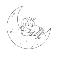 Cute unicorn sleeping on the moon. Vector illustration isolated on white background