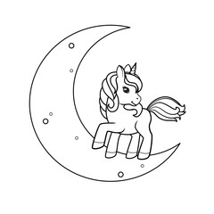 Cute unicorn standing on the moon. Vector illustration isolated on white background