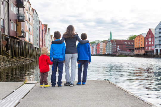 Happy Family, Visiting Trondheim, Norway During The Summer