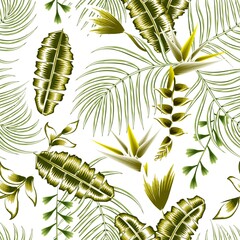 green tropical seamless pattern with palm and banana leaves. branches foliage on white background. Exotic Summer with heliconia flower 