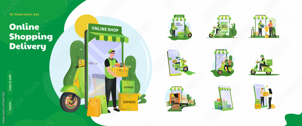 Wall mural online shopping delivery services illustration collection set