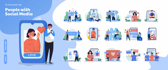 People on social media network on flat illustration collection set