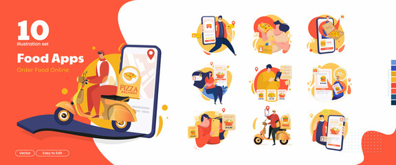 Food delivery application concept on illustration collection set
