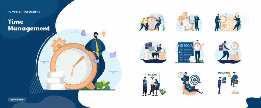 Teamwork and time management illustration collection set