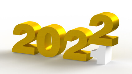 New Year 2022 with the concept of change from 2021 to 2022, three-dimensional rendering, 3D illustration, the 3D symbol of New Year in gold color with reflection mirror effect, Isolated background